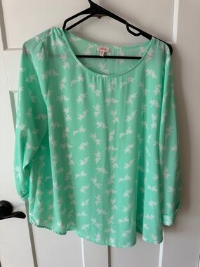 Pixley Mint Green Bird-Print Long Sleeve Blouse